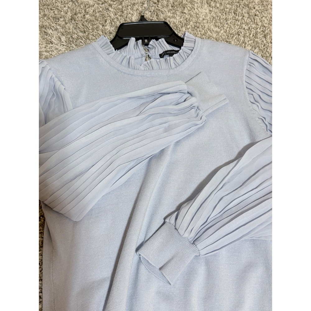 Adrianna Papell Light Blue Pleated Ruffle Neck Chiffon Balloon Sleeve Sweater L